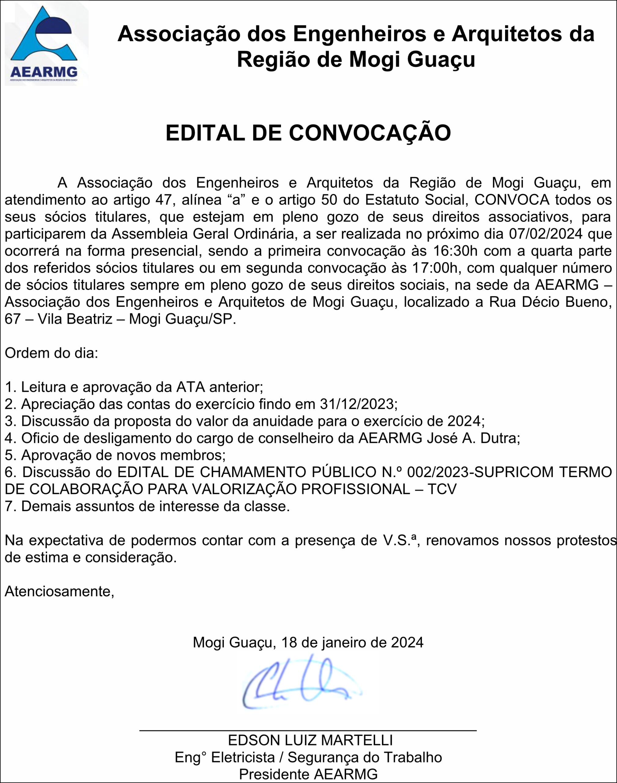 EDITAL DE CONVOCAÇÃO ASSEMBLÉIA ORDINÁRIA FEV. 2024